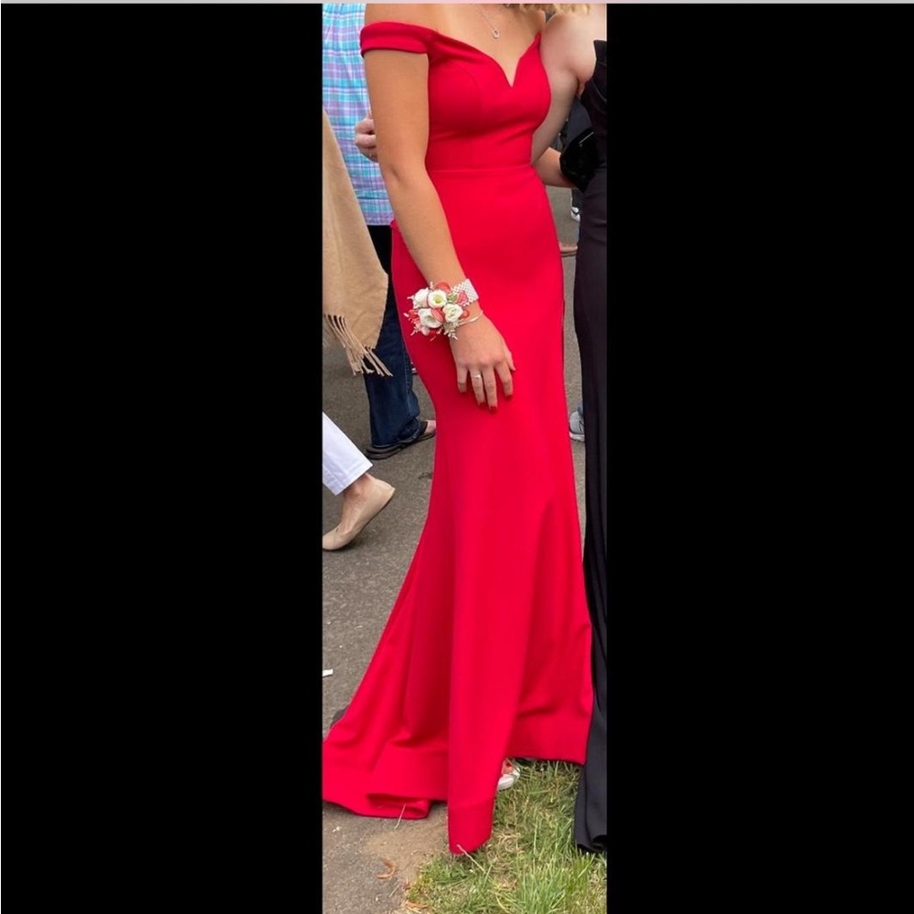 Macy's Red Sleeveless Off-Shoulder Prom Gown